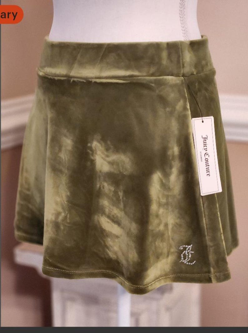 Juicy couture urban outfitters olive green mini skirt velour stretchy cute outfit with rhinestones logo accent small size image 2
