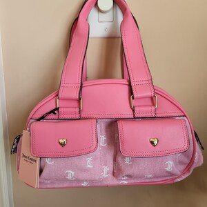 Juicy Couture pink and white lemonade pack it up bowler shoulder bag 2 front pockets accent and printed logo all over the purse image 1