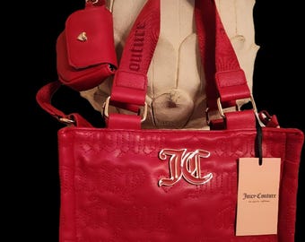 juicy couture pink league mini tote cool red color unique shape purse with matching small pouch Attached quilted logo all over shoulder bag
