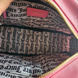Juicy Couture pink and white lemonade pack it up bowler shoulder bag 2 front pockets accent and printed logo all over the purse image 12