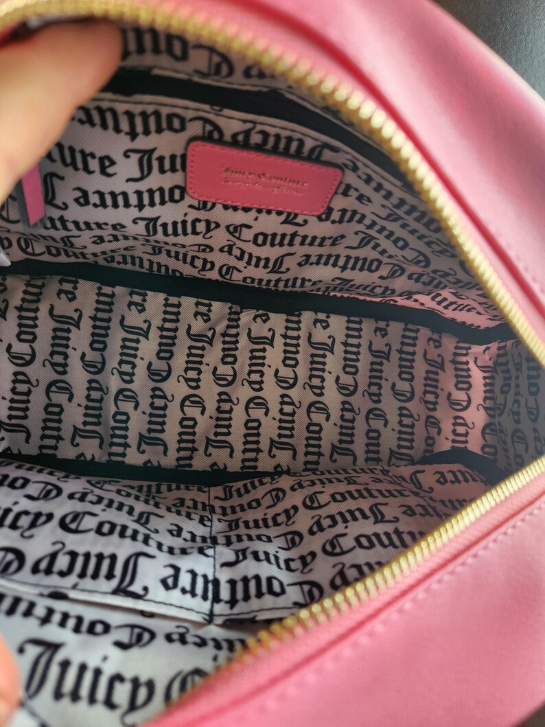 Juicy Couture pink and white lemonade pack it up bowler shoulder bag 2 front pockets accent and printed logo all over the purse image 12