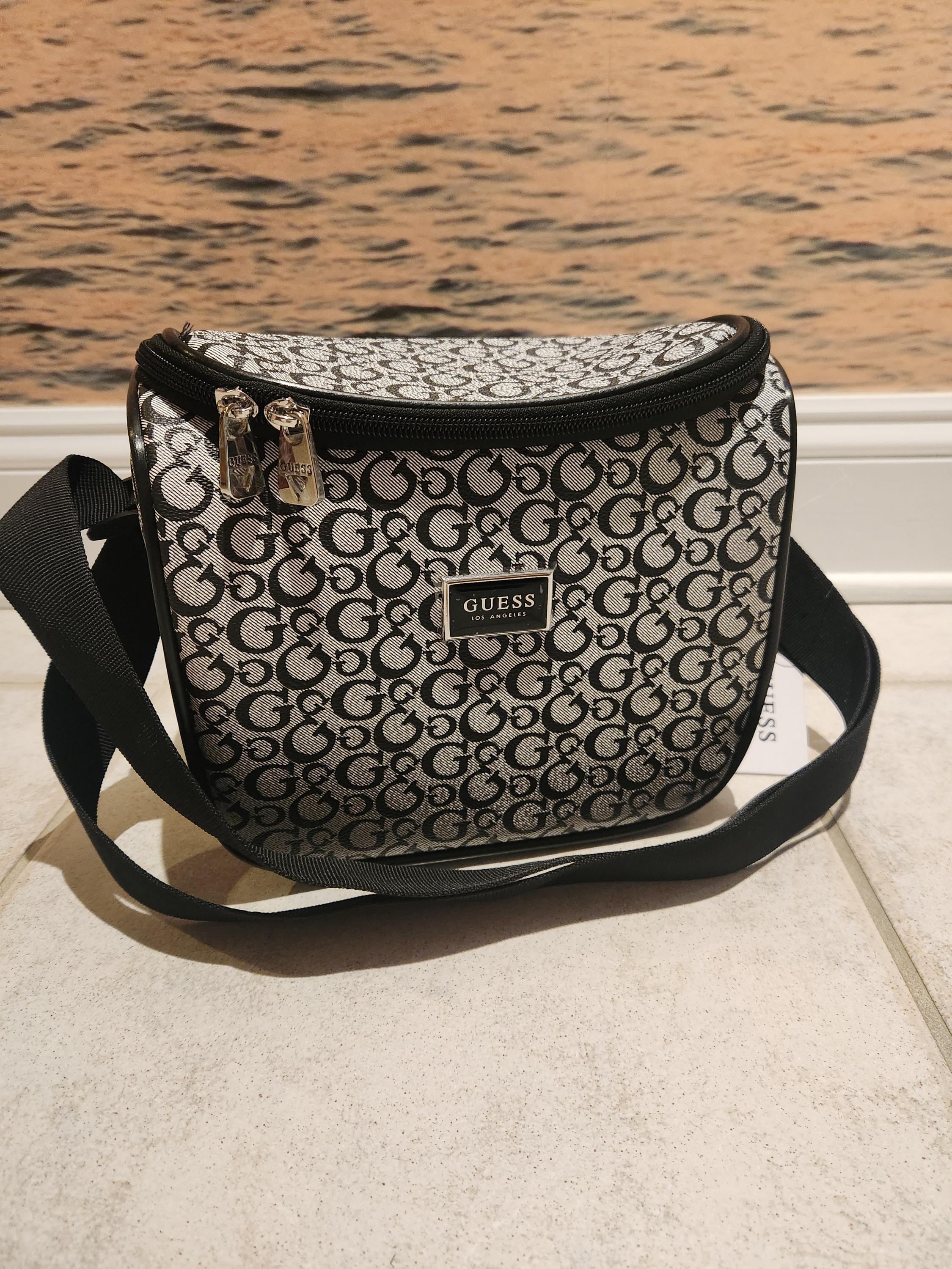 GUESS Y2K Vintage Black Fabric Drawstring Backpack with Leather Trim Guess Y2K bag very rare and very beautiful available now on  main image 3