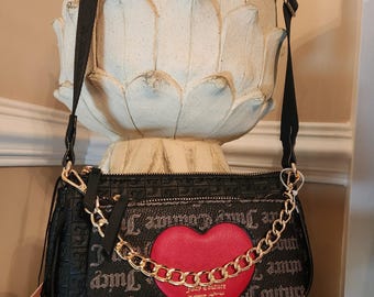 Juicy Couture double trouble crossbody bag liquorice crown logo small shoulder bag Unique 2 in 1 purse with gold tone rhinestones logo