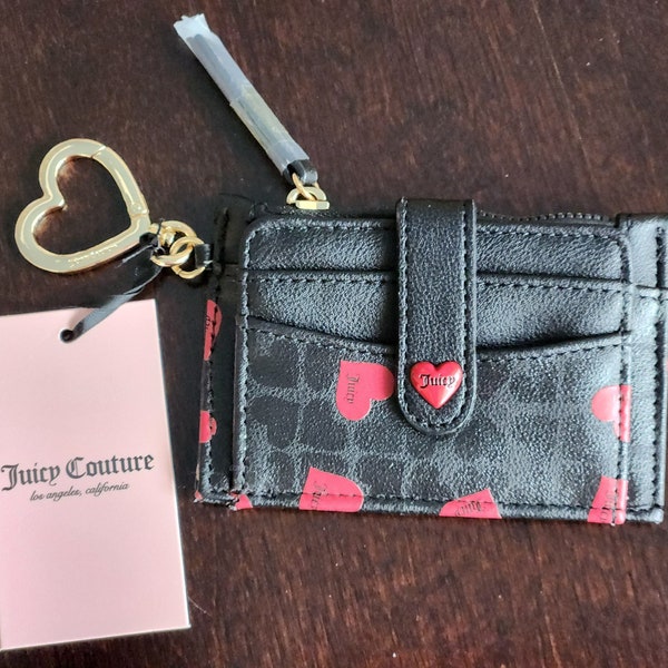 Juicy couture heart liquorice follow your heart tab elongated cc black and red  small wallet fancy card money orginazer case