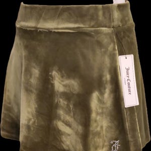 Juicy couture urban outfitters olive green mini skirt velour stretchy cute outfit with rhinestones logo accent small size