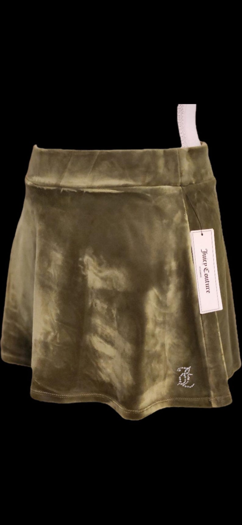 Juicy couture urban outfitters olive green mini skirt velour stretchy cute outfit with rhinestones logo accent small size image 1