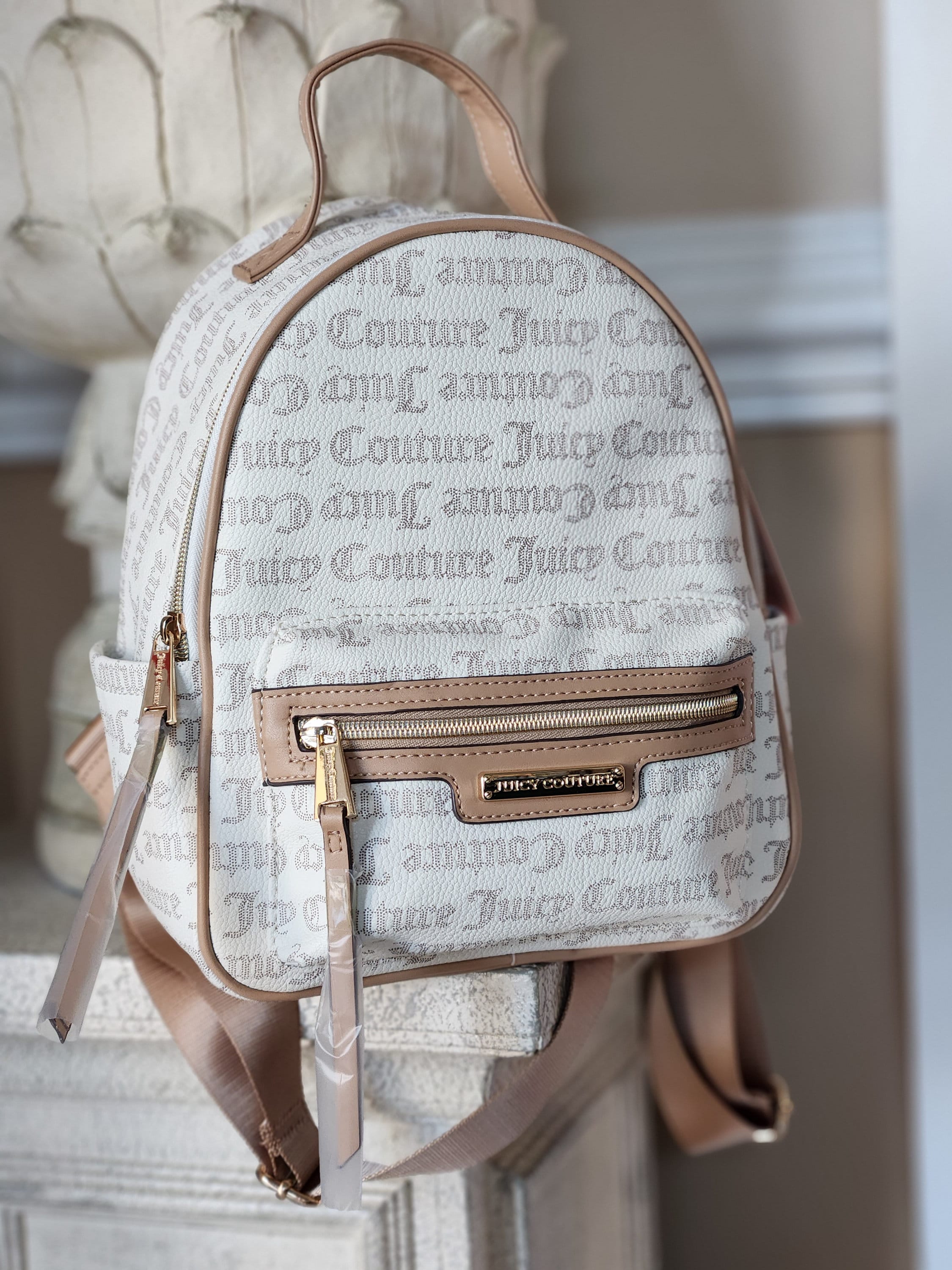 Juicy Couture Pecan White Rosie Mini Backpack Fancy Cute Weekender  Orginazer Case With Logo All Over It 