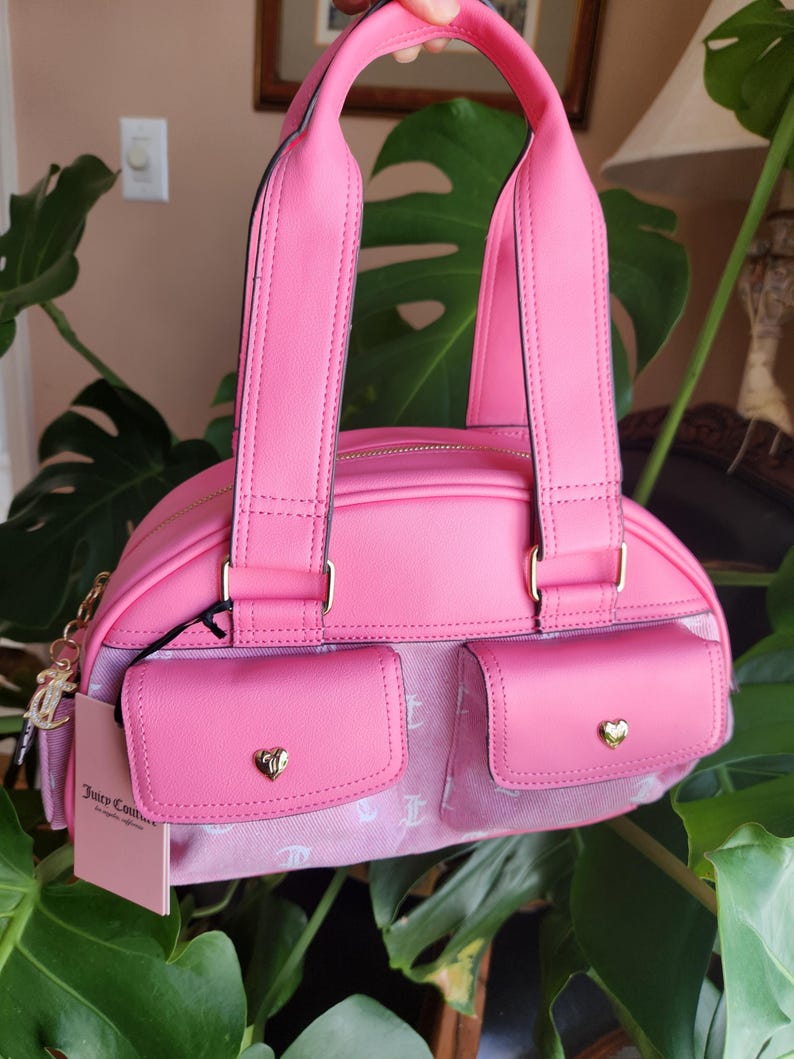 Juicy Couture pink and white lemonade pack it up bowler shoulder bag 2 front pockets accent and printed logo all over the purse image 2