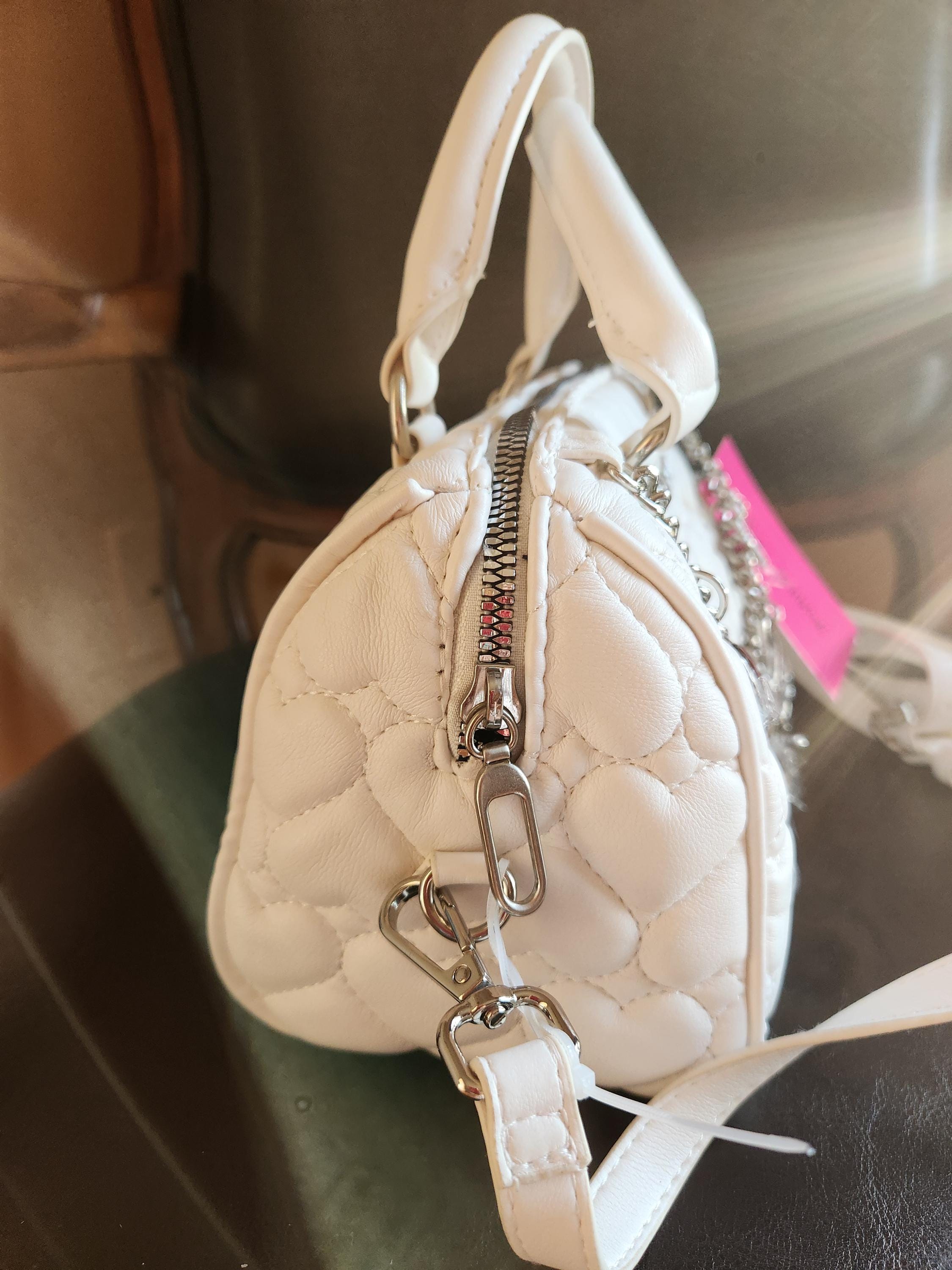 Betsey Johnson Quilted Heart Accent Backpack in Light Gray with Gold Hardware Betsey Johnson purse heart purse ? main image 4