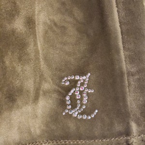 May include: A close-up of a brown velvet fabric with a sparkly rhinestone letter "E" embroidered on it.