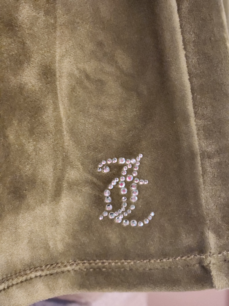 May include: A close-up of a brown velvet fabric with a sparkly rhinestone letter "E" embroidered on it.