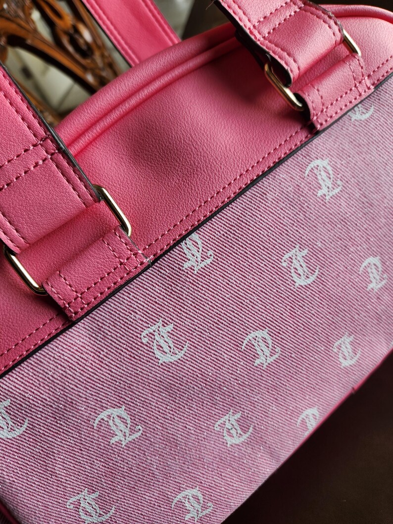 Juicy Couture pink and white lemonade pack it up bowler shoulder bag 2 front pockets accent and printed logo all over the purse image 14