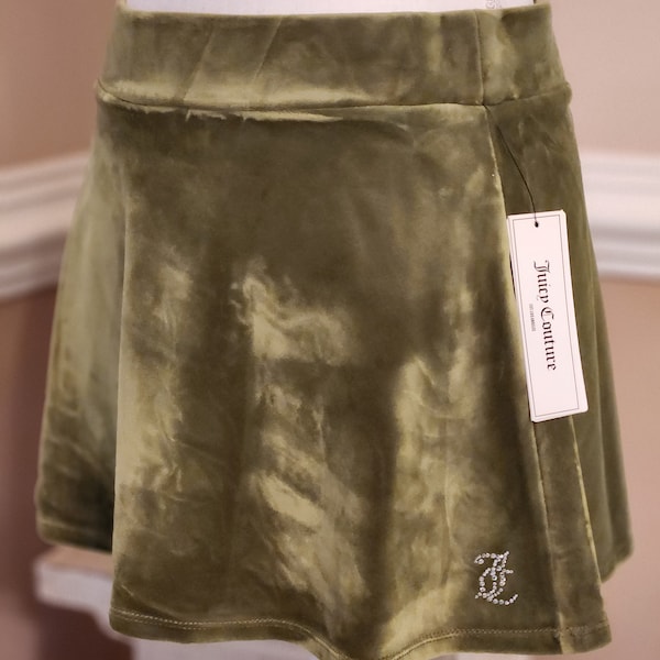 Juicy couture urban outfitters olive green mini skirt velour stretchy cute outfit with rhinestones logo accent