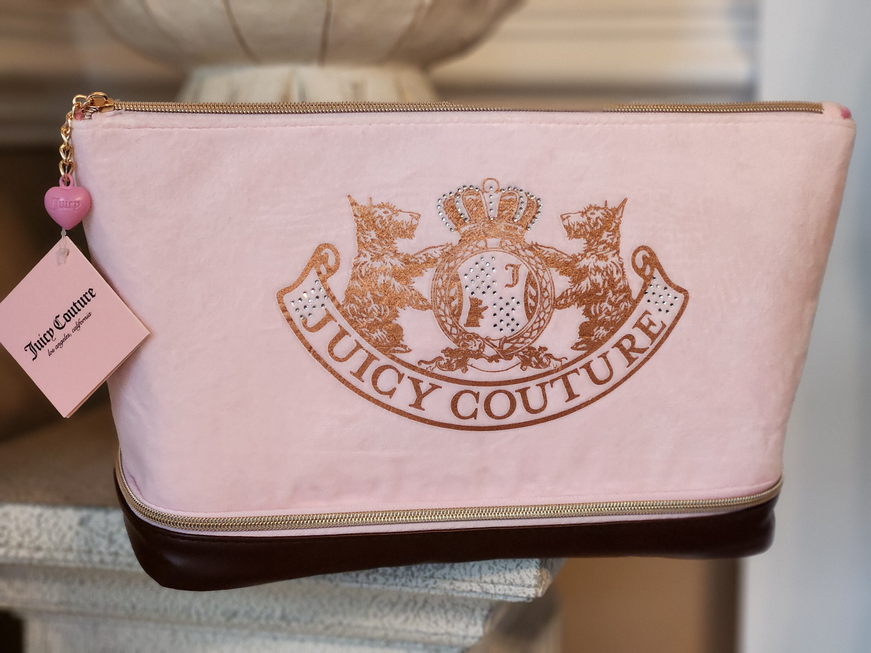 Juicy Couture XL Travel Cosmetic Bag Velvet Ligh Pink and Brown Makeup Bag With Extra Bottom Compartment Fancy Unique Orginazer Bag Etsy