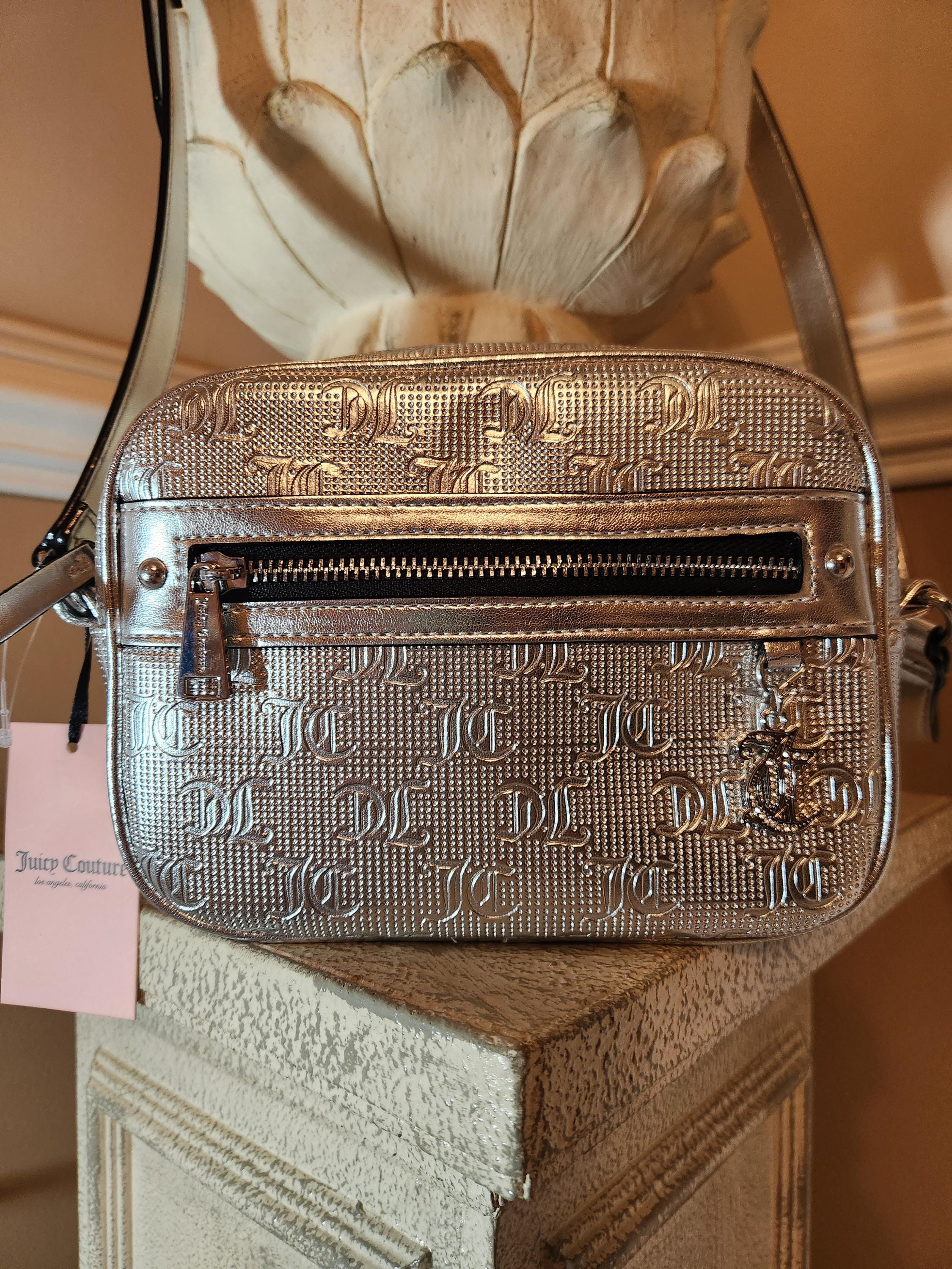 Juicy Couture Nailed It Camera Crossbody Bag Silver Embossed Logo 
