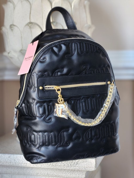 Juicy Couture Quilted Black Juicy Puff Backpack Fancy Chain Accent Bag 