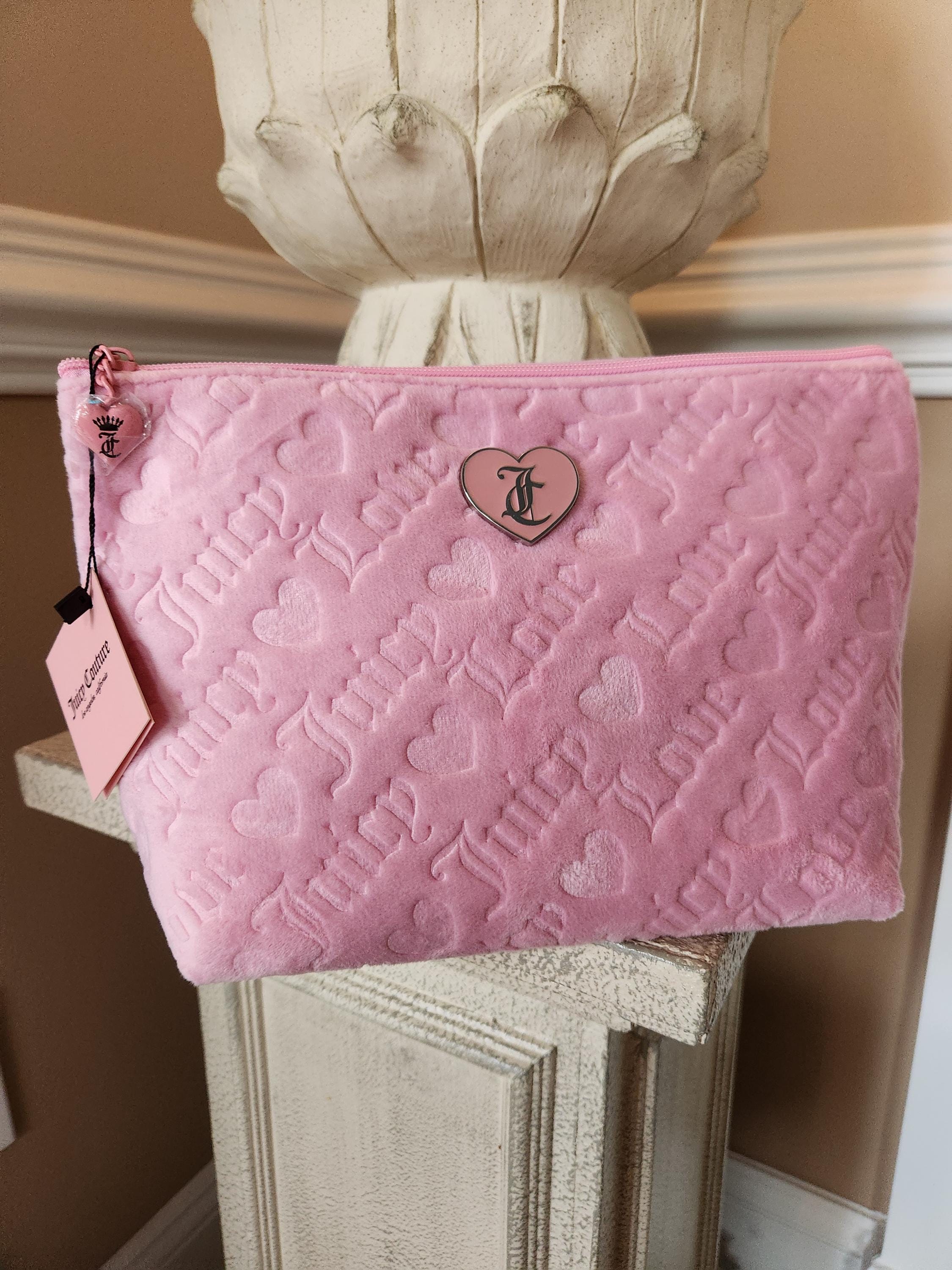 Juicy Couture Travel Cosmetic Bag Pink Soft Velvet Logo Big