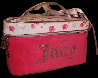 Juicy Couture travel cosmetic bag pink velvet with rhinestones logo accent and roses and logo faux leather top cosmetic case