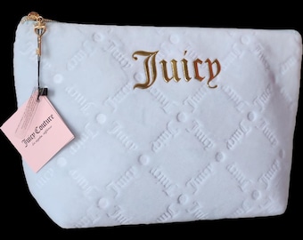 Juicy couture light blue travel cosmetic bag gold key zipper and gold logo accent  velvet medium size makeup bag