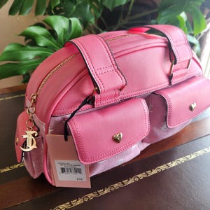 Juicy Couture pink and white lemonade pack it up bowler shoulder bag 2 front pockets accent and printed logo all over the purse image 15