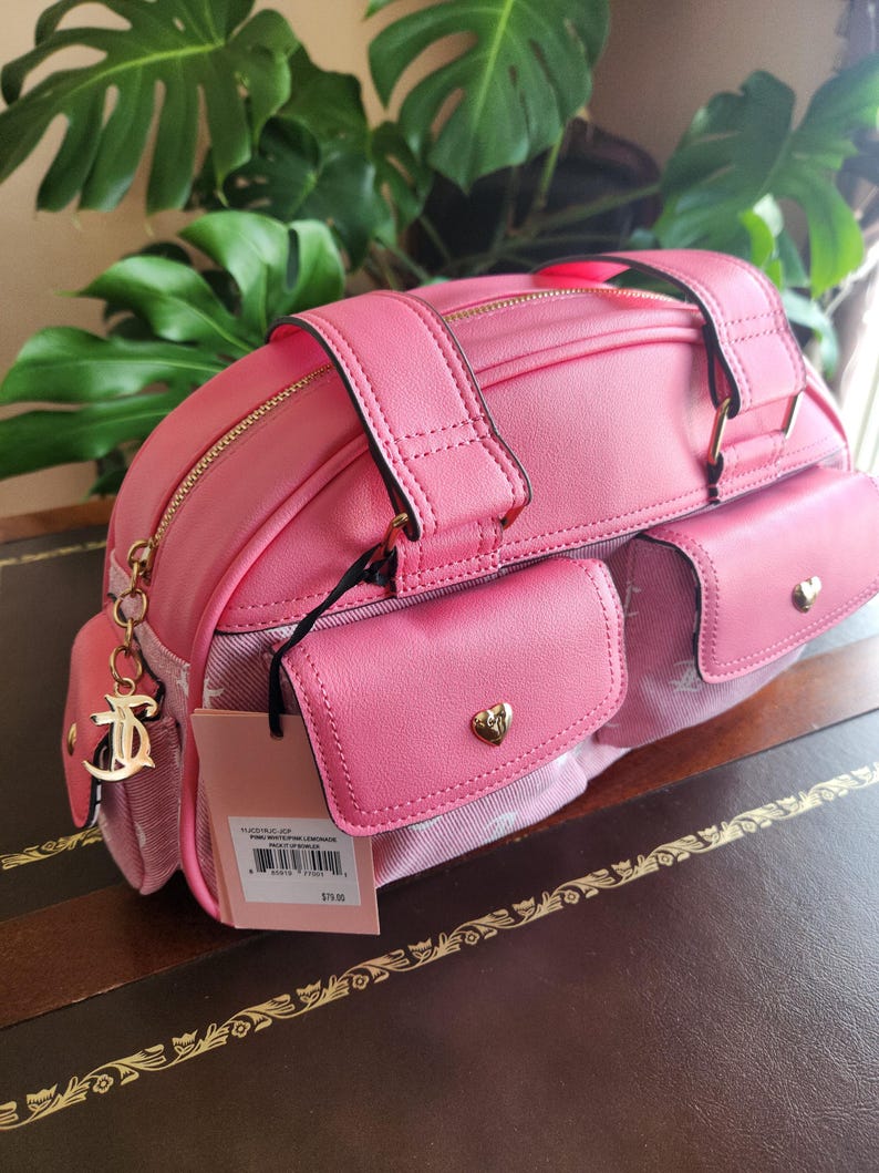 Juicy Couture pink and white lemonade pack it up bowler shoulder bag 2 front pockets accent and printed logo all over the purse image 15