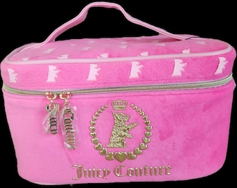 Juicy Couture hot pink travel cosmetic bag with golden logo accent toiletry makeup orginazer case