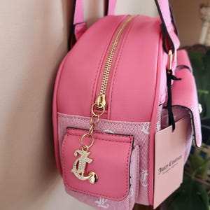 Juicy Couture pink and white lemonade pack it up bowler shoulder bag 2 front pockets accent and printed logo all over the purse image 10
