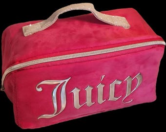Juicy Couture travel hot pink velvet cosmetic bag with sparkle silver logo accent and top silver holder