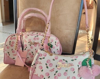 Juicy Couture soft white and pink cherry girl shoulder bag gold tone metal logo accent and cute cherry charm handbag