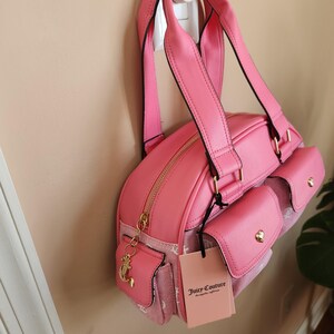 Juicy Couture pink and white lemonade pack it up bowler shoulder bag 2 front pockets accent and printed logo all over the purse image 6