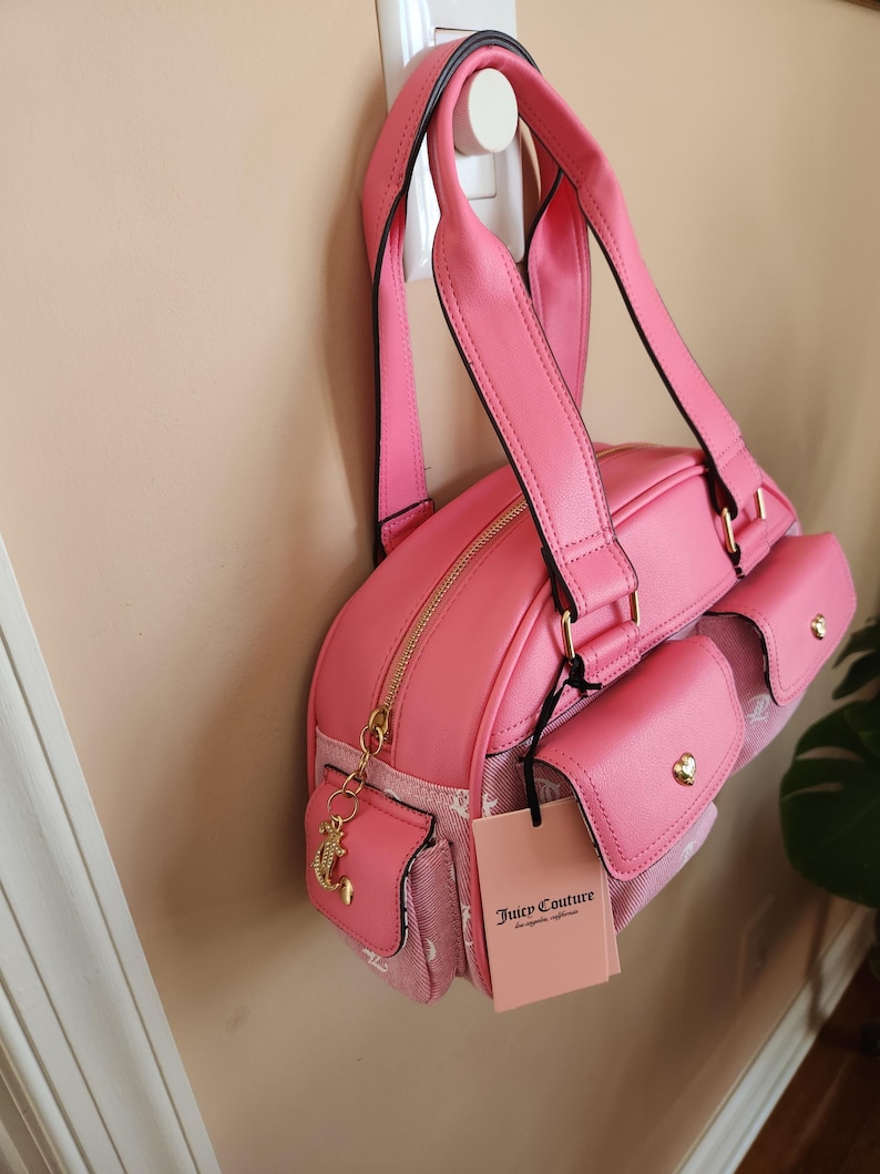 Juicy Couture pink and white lemonade pack it up bowler shoulder bag 2 front pockets accent and printed logo all over the purse image 6