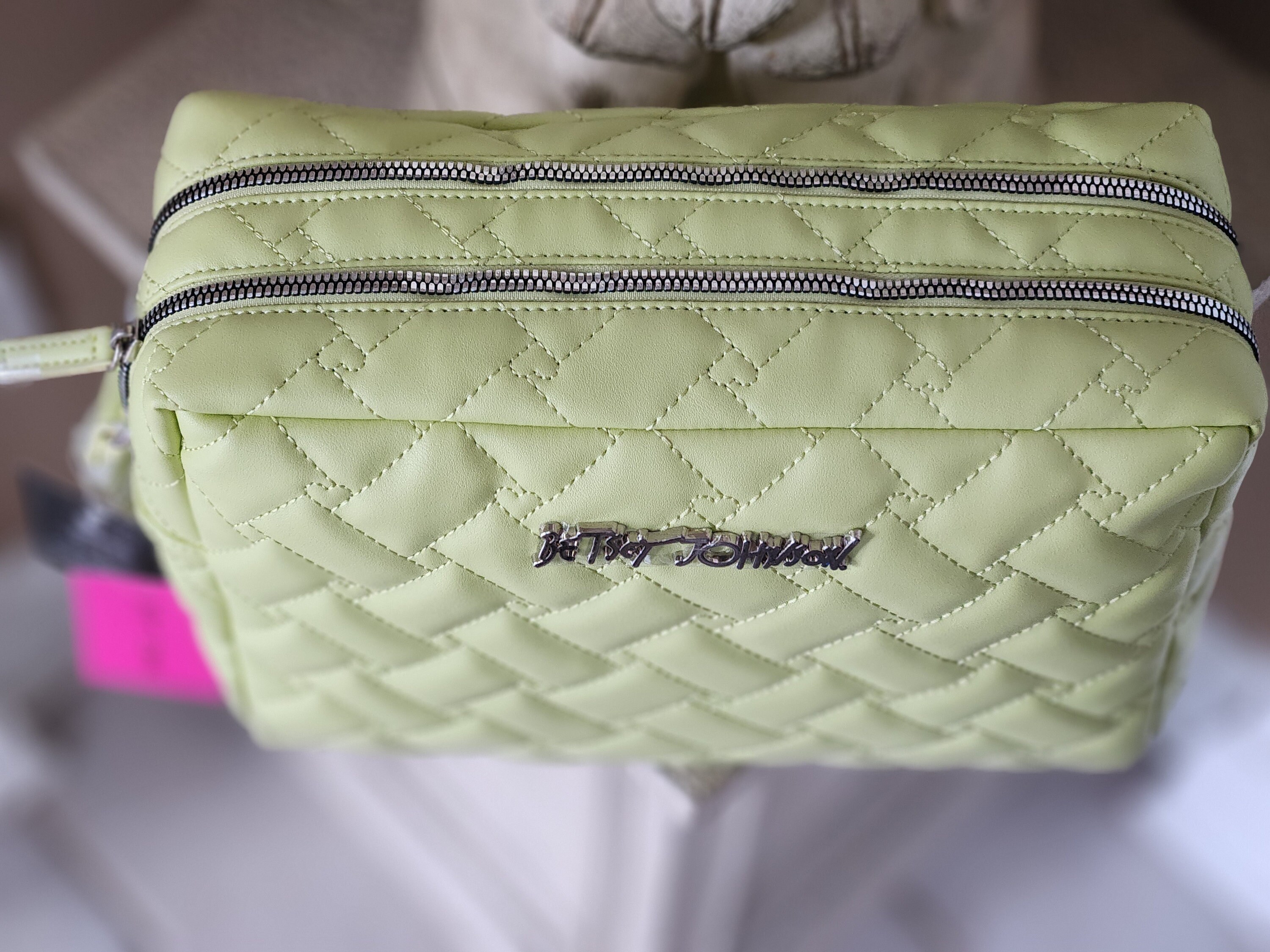 Betsey Johnson Toiletries Travel Cosmetic Bag Lime Green Large Quilted Rectangles and Hearts Makeup Orginazer Case With Shoe Tag Weekender Etsy