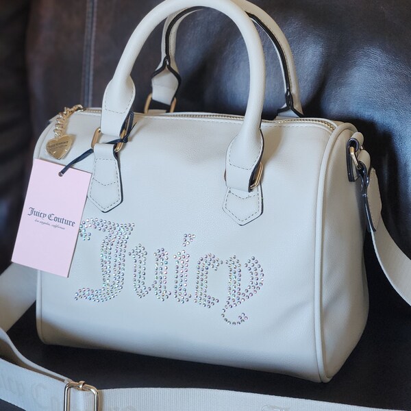 Juicy couture angel be classic satchel Crossbody rhinestones logo accent medium size handbag sand color with gold tone hardware