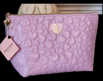 Juicy couture travel cosmetic bag purple wi5h quilted hearts all over and metal logo accent heart rare find faux leather