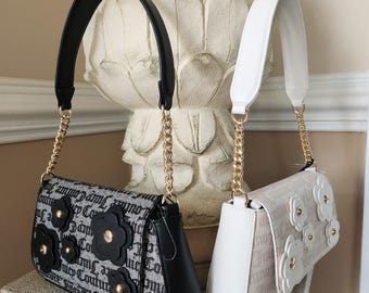 Juicy couture bouquet flap shoulder bag with logo flowers accent black or white