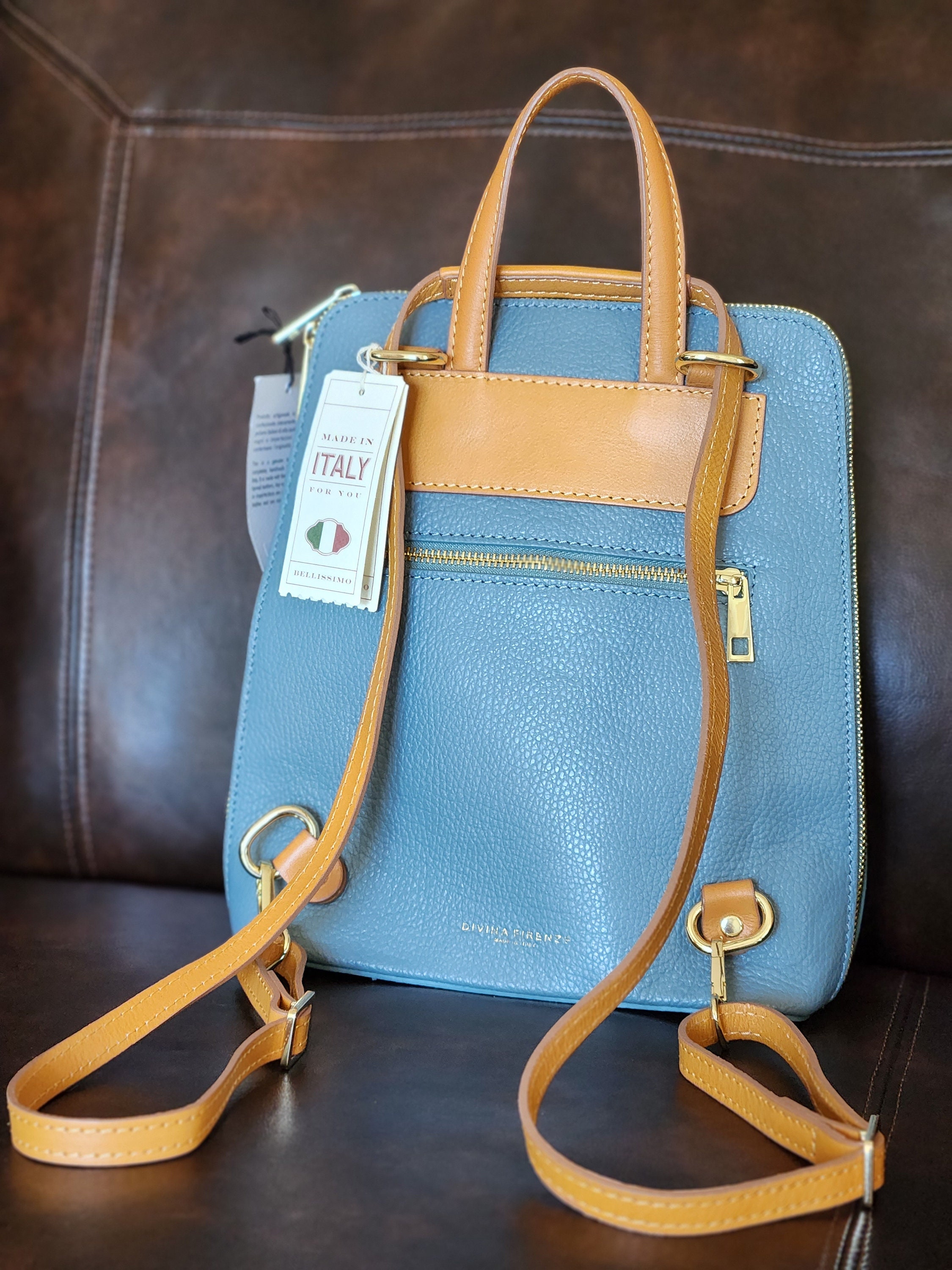 Divina Firenze Blue Backpack Made It Italy Bag Genuine Leather Etsy