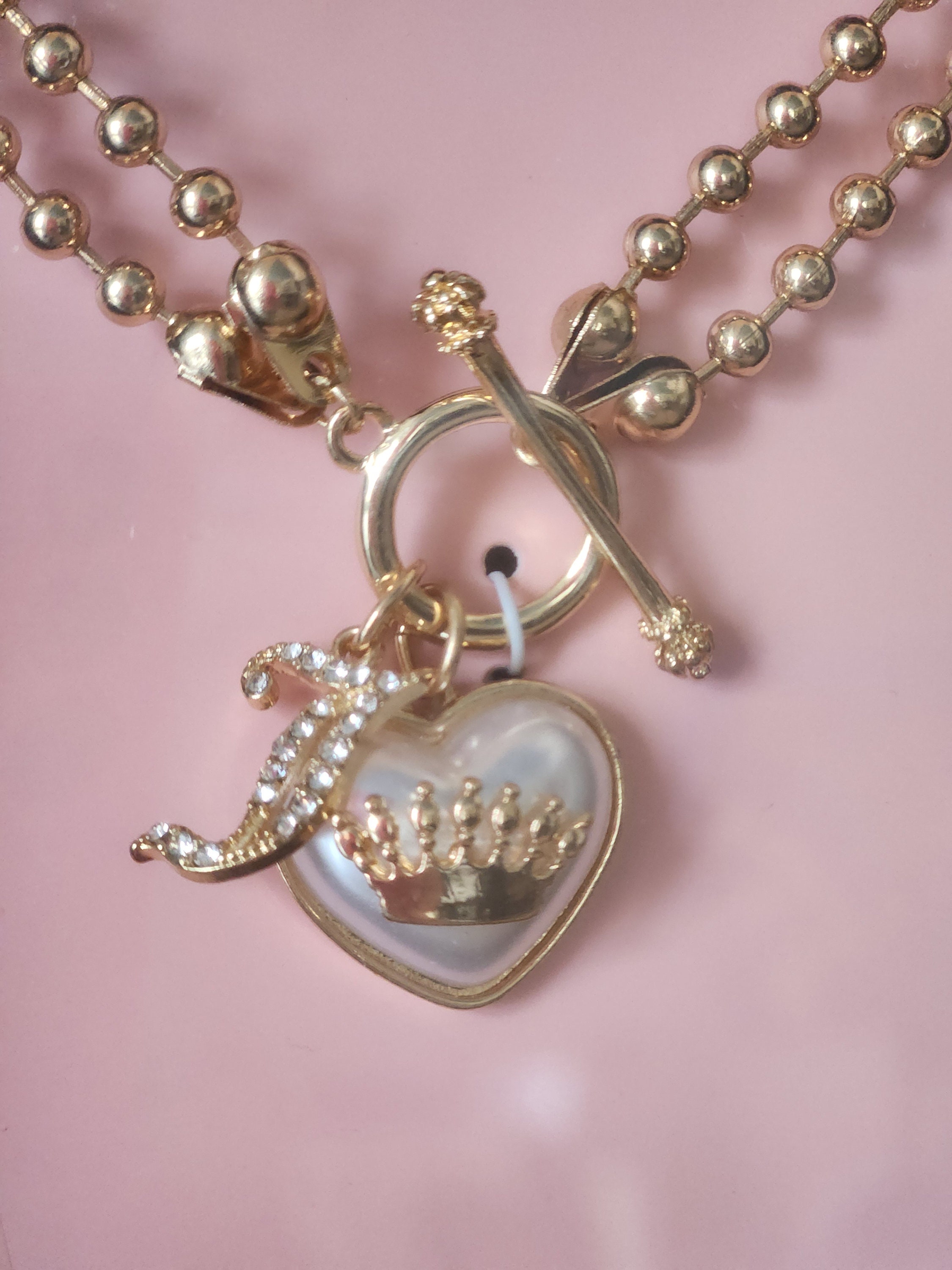 Juicy Couture Gold Tone Necklace Faux Perl Heart With Crown and J