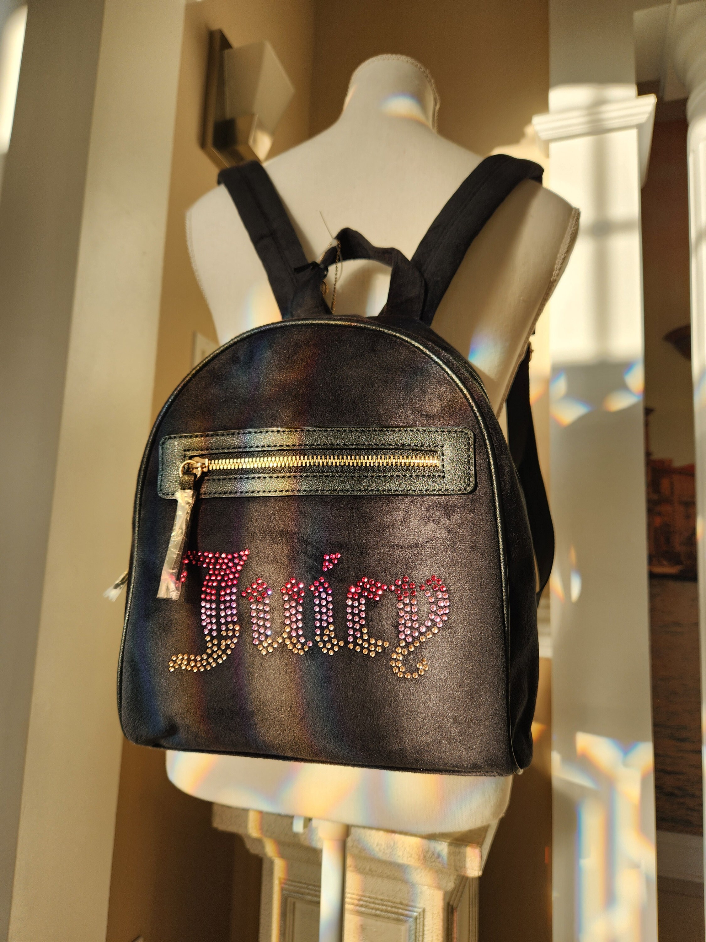 Juicy Couture Liquorice Black Velvet Big Spender Backpack With Ombre Rhinestones Accent and Top Handle Etsy