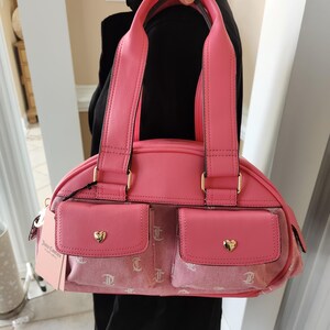 Juicy Couture pink and white lemonade pack it up bowler shoulder bag 2 front pockets accent and printed logo all over the purse image 7