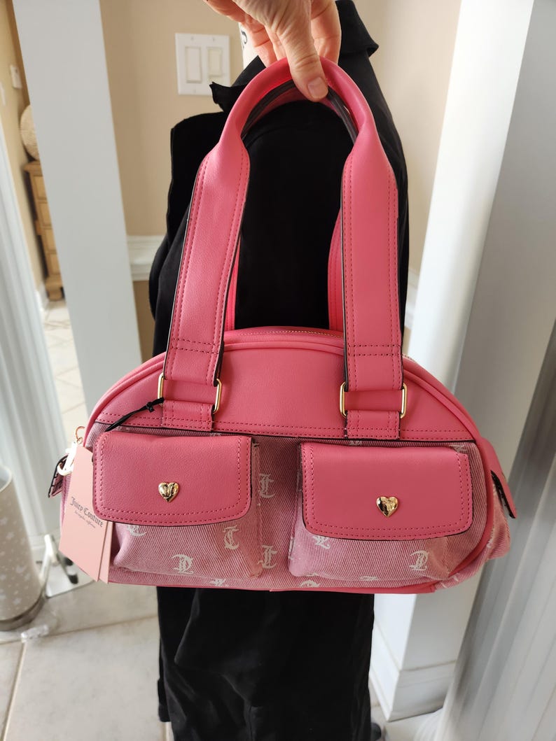 Juicy Couture pink and white lemonade pack it up bowler shoulder bag 2 front pockets accent and printed logo all over the purse image 7