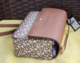 DKNY Sina -MD fluo shoulder bag chain monogram women handbag brown / tan  Crossbody business women purse
