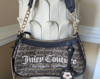Juicy couture taupe dark brown summer garden shoulder bag with cute logo flower charm
