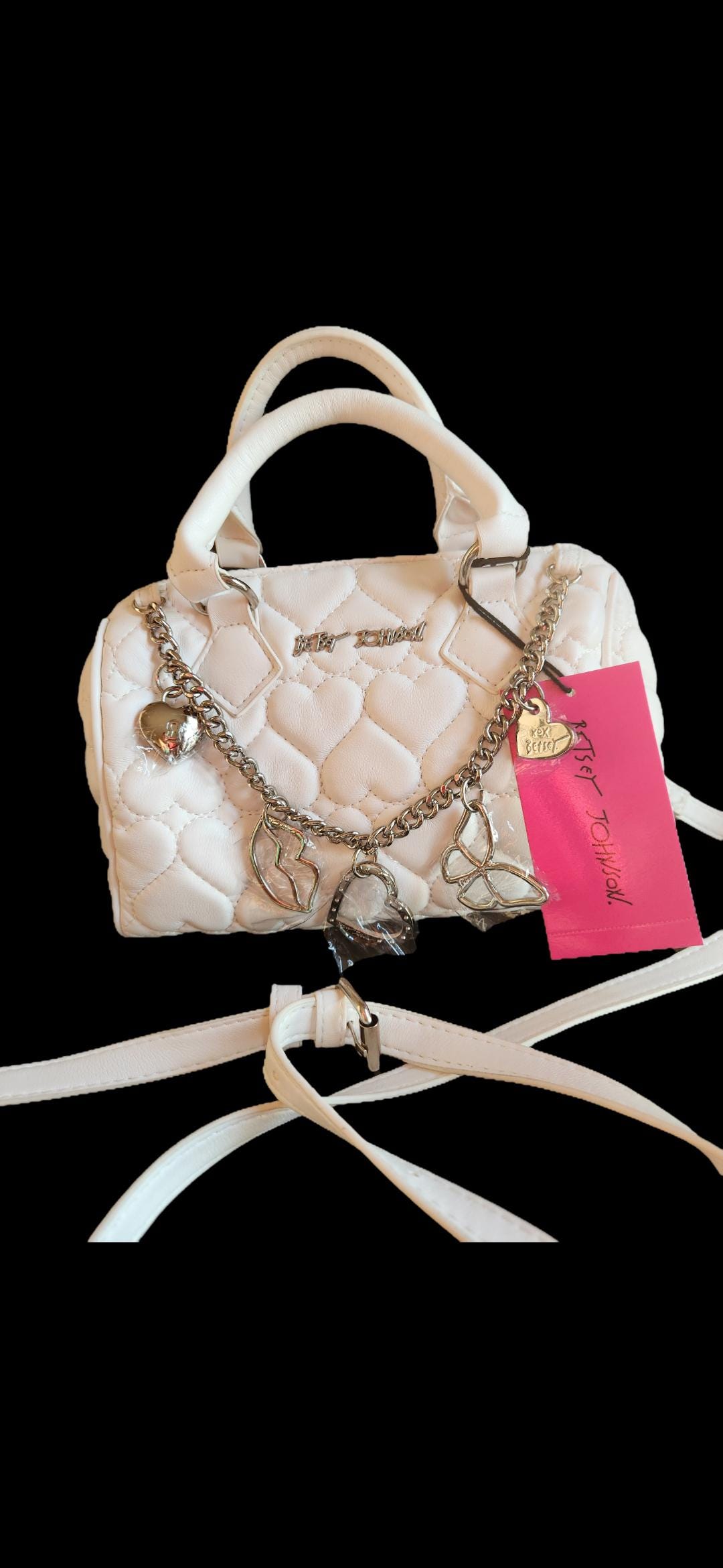 Betsey Johnson White Quilted Hearts Handbag Medium Barrel Chain