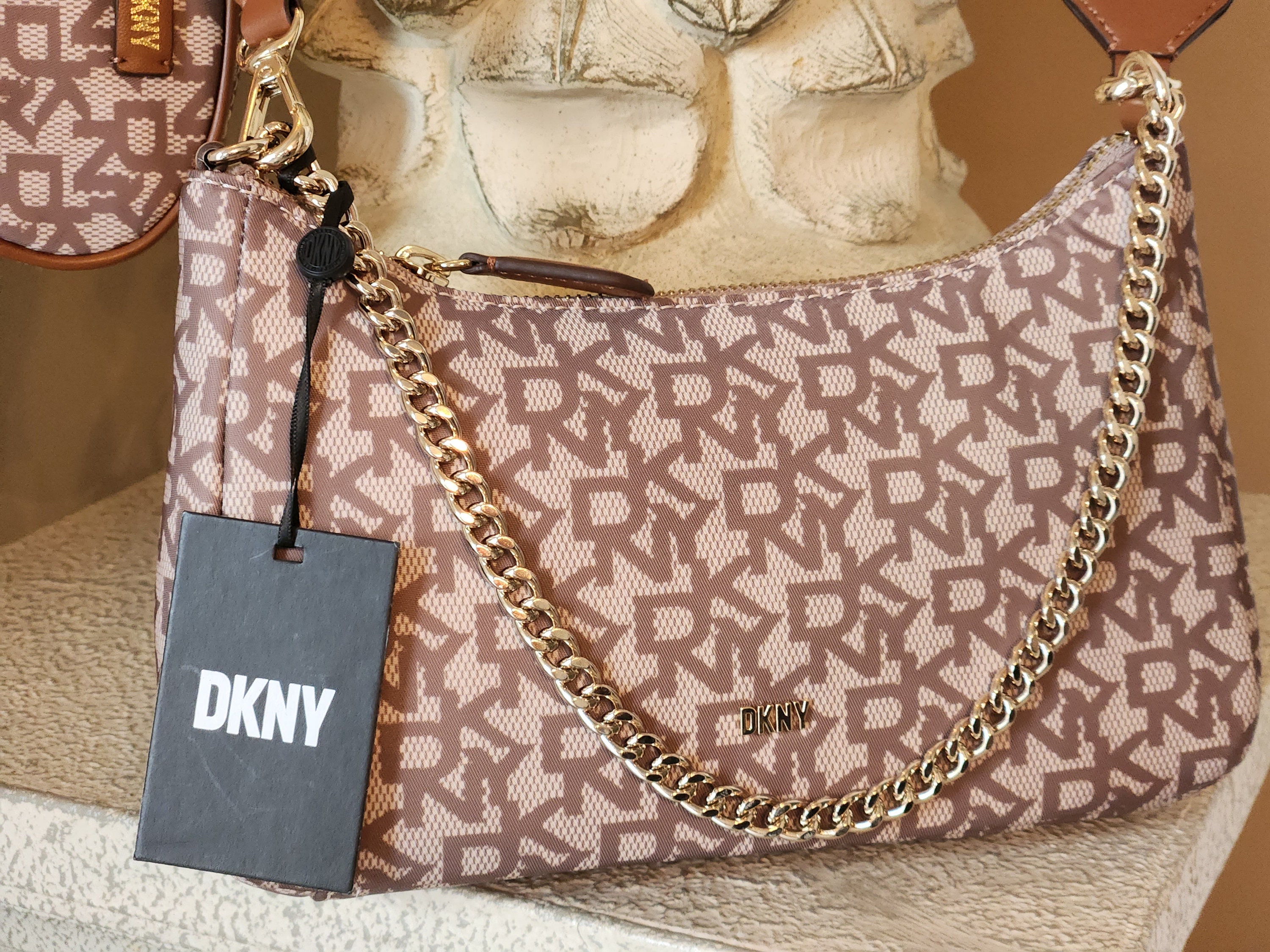 DKNY Signature Logo Handbag Purse Tan Brown Leather Silver Buckles Trim