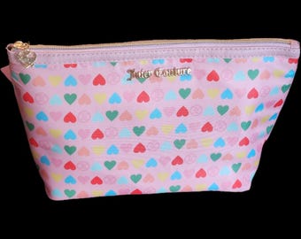 Juicy couture travel cosmetic bag multicolor hearts and logo all over makeup bag large nylon pink orginazer case