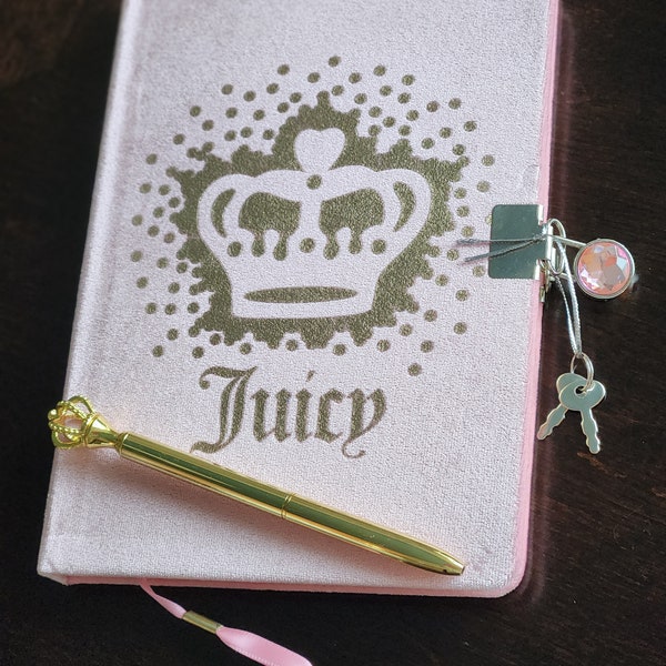 Juicy couture journal notebook with lock key and crown pen gold crown logo accent fancy gift set