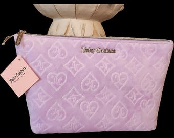 Juicy couture lavender velour makeup bag large travel cosmetic bag with  logo all over it