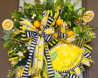 Couronne de citron de bienvenue | Couronne de citron et de fleurs | Décor à la maison de citron | Couronne de porte au citron | Couronne de citron d'été