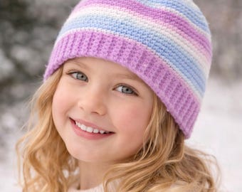 Handmade Crochet Beanie – Pastel Striped Winter Hat with Pom Pom