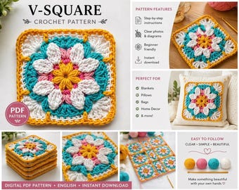 V-Square Crochet Pattern – Colorful Floral Motif PDF (Digital Download)